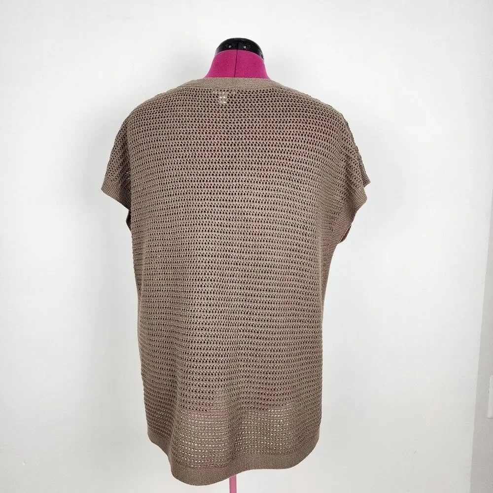 J.Jill Open-Knit Short Sleeve Cotton Blend Top Sweater Taupe Size M - Picture 4 of 12